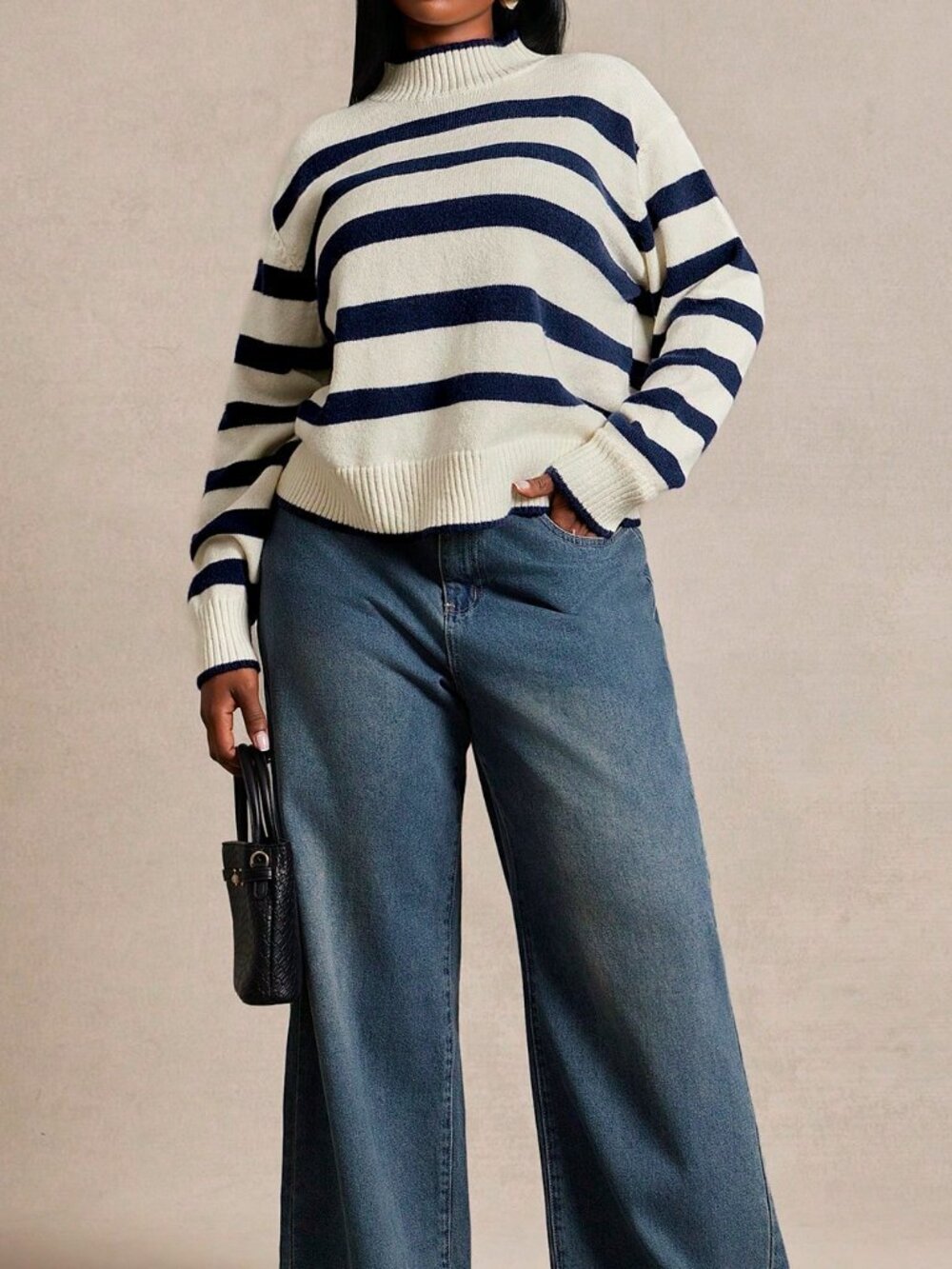 Blue And White Casual Women's Striped Stand Collar Drop Shoulde Sweater